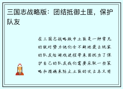三国志战略版：团结抵御土匪，保护队友